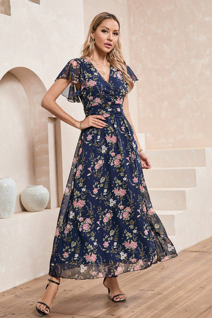 Robe Longue Fleurie Bleu Marine - gallery 1