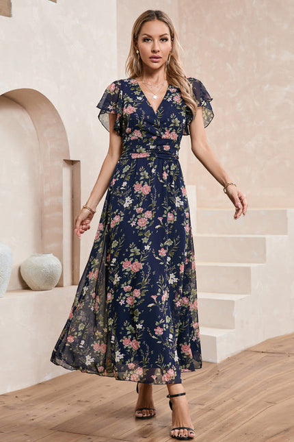 Robe Longue Fleurie Bleu Marine - gallery 6