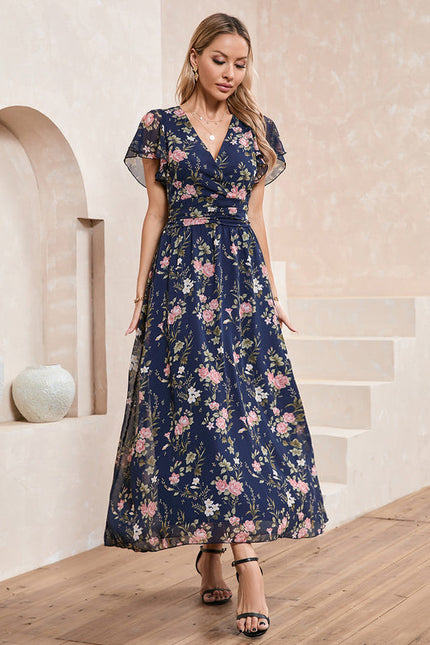 Robe Longue Fleurie Bleu Marine