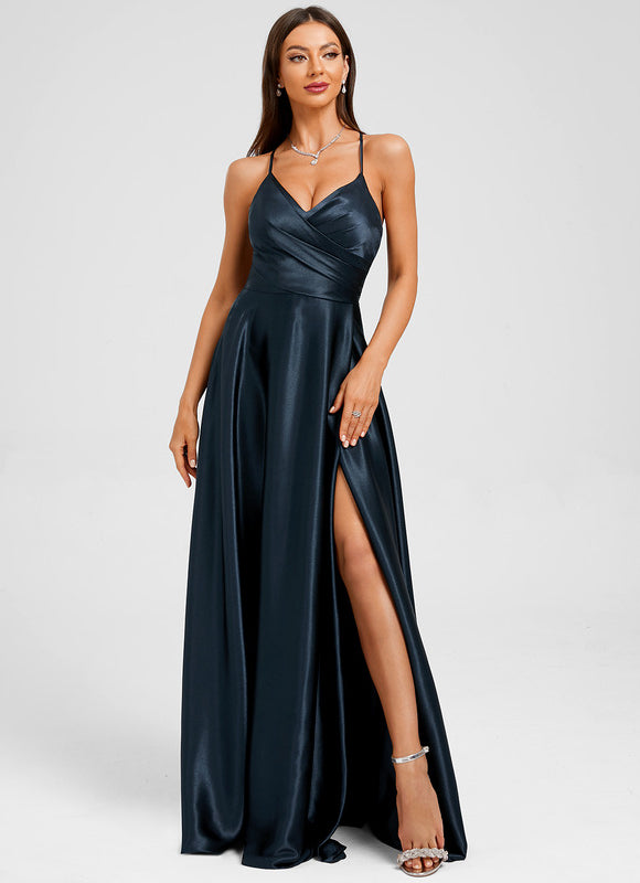 Robe Longue Satinée Élégante Bleu Marine