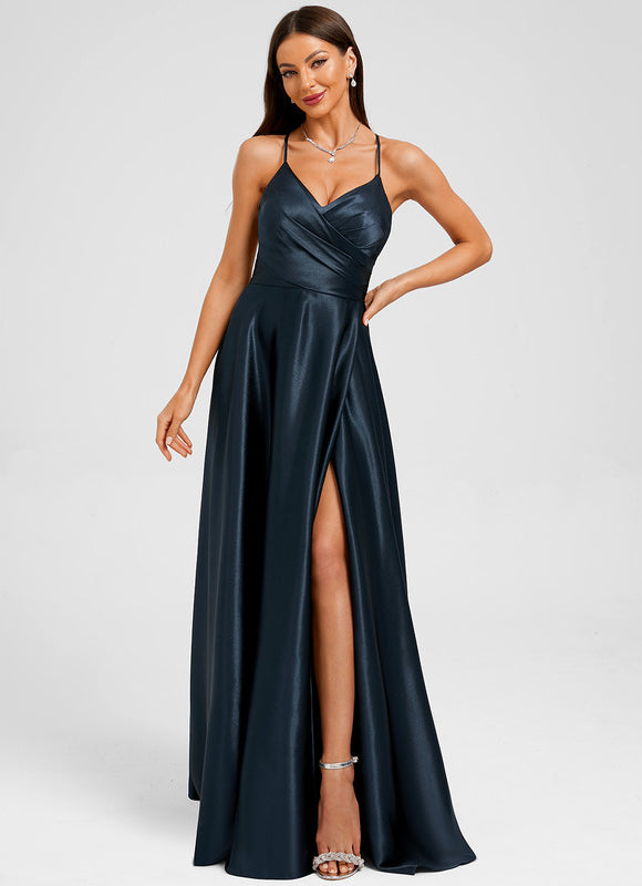 Robe Longue Satinée Élégante Bleu Marine - gallery 2