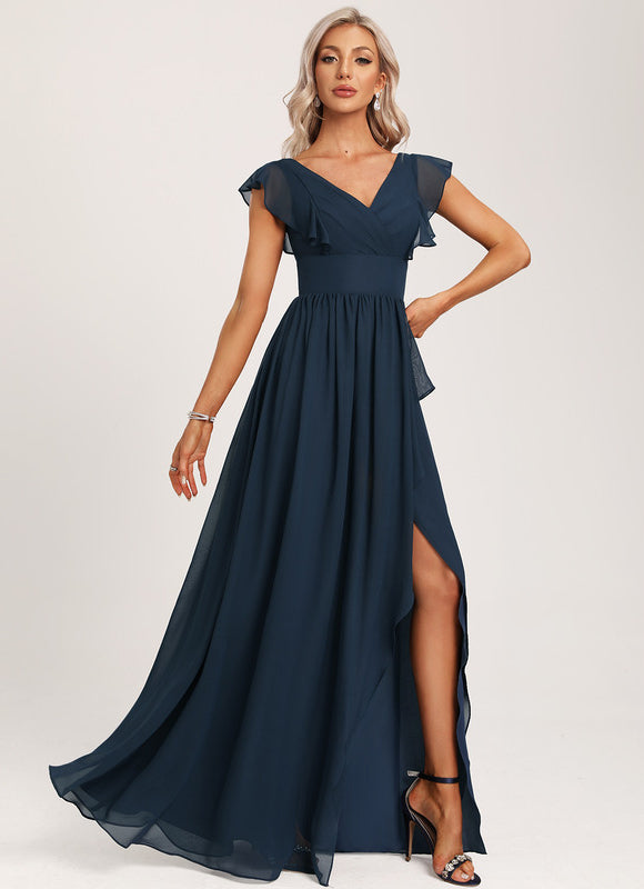 Robe Mousseline Élégante Col V Fendue