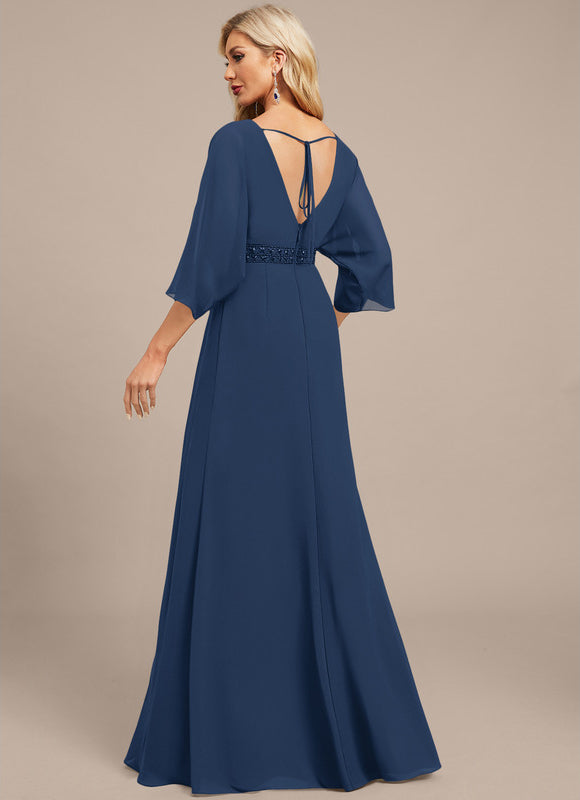 Robe Longue Mousseline Élégante Bleu Marine - gallery 1