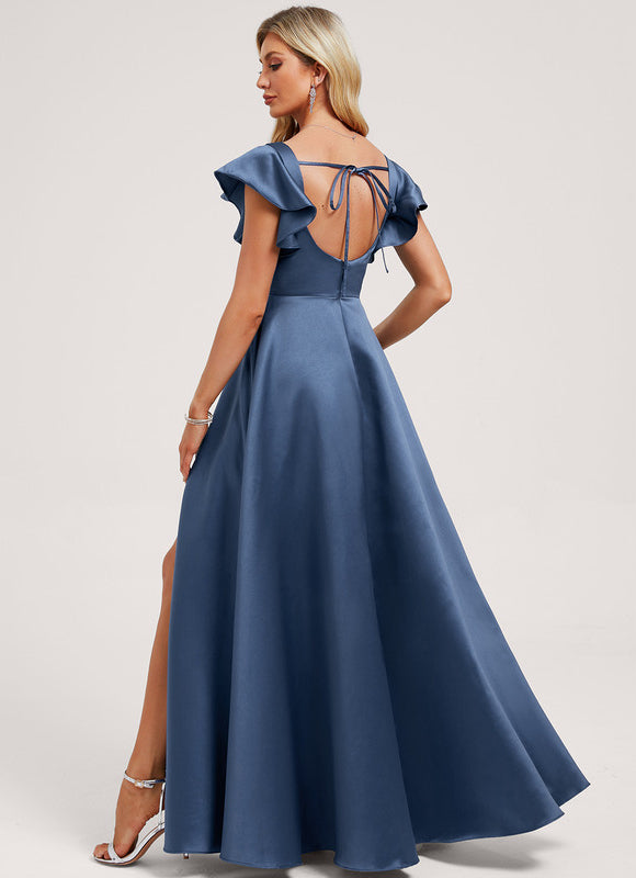 Robe Satinée Élégante Col Carré Volants - gallery 4