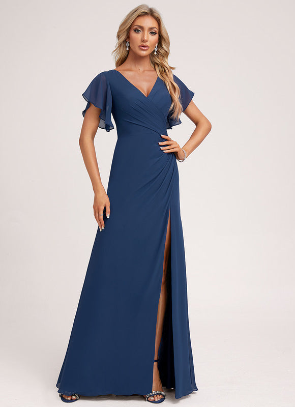 Robe Mousseline Élégante Col V Fendue