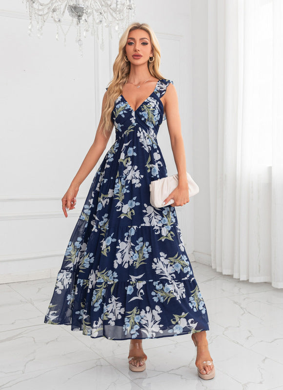 Robe Maxi Fleurie Bleu Marine Chic - gallery 3