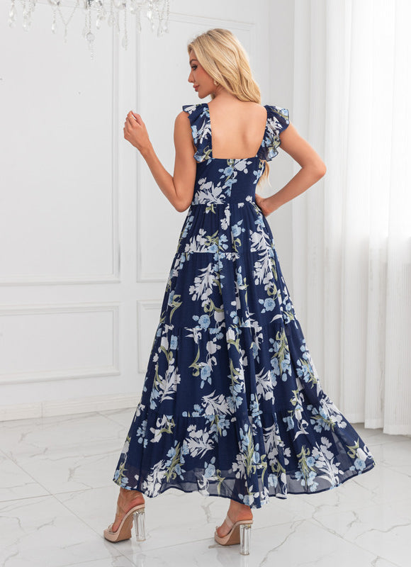 Robe Maxi Fleurie Bleu Marine Chic