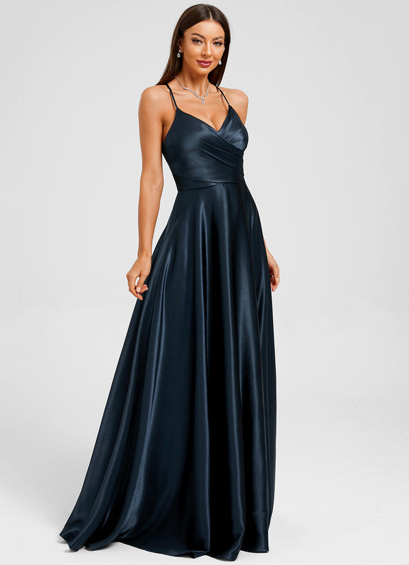 Robe Longue Satinée Élégante Bleu Marine - gallery 5