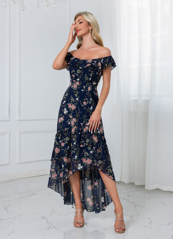 Robe Longue Fendue Floral Bleu Marine - gallery 6
