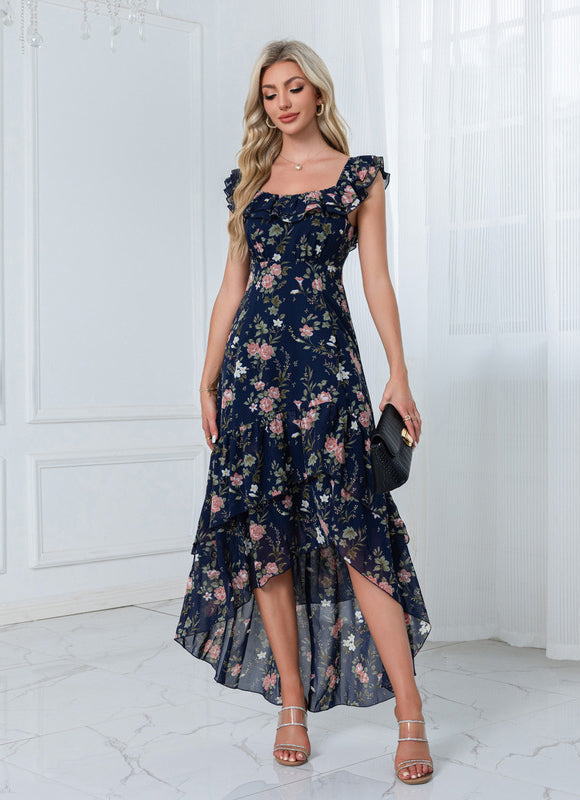 Robe Longue Fendue Floral Bleu Marine - gallery 5