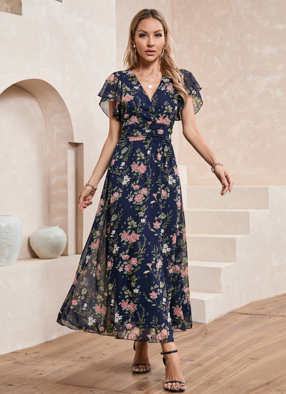 Robe Longue Fleurie Bleu Marine - gallery 6