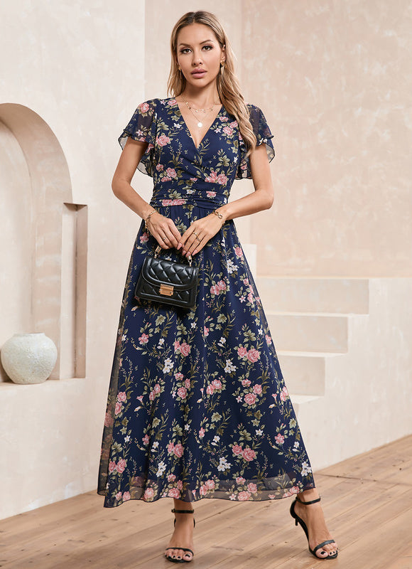 Robe Longue Fleurie Bleu Marine - gallery 5