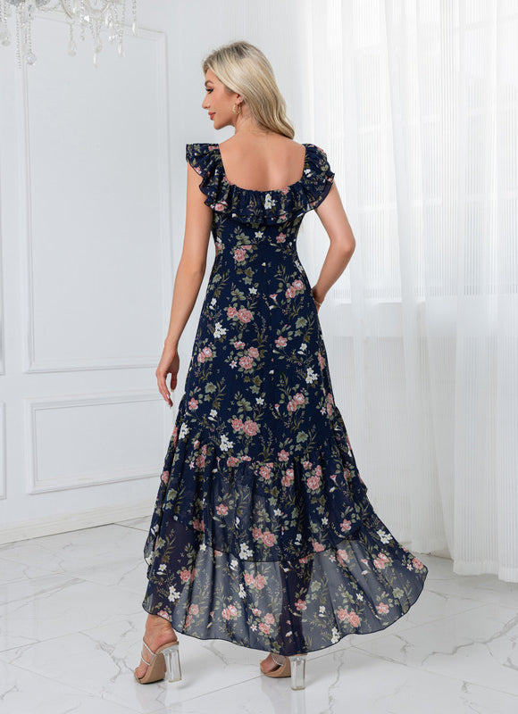 Robe Longue Fendue Floral Bleu Marine - gallery 1