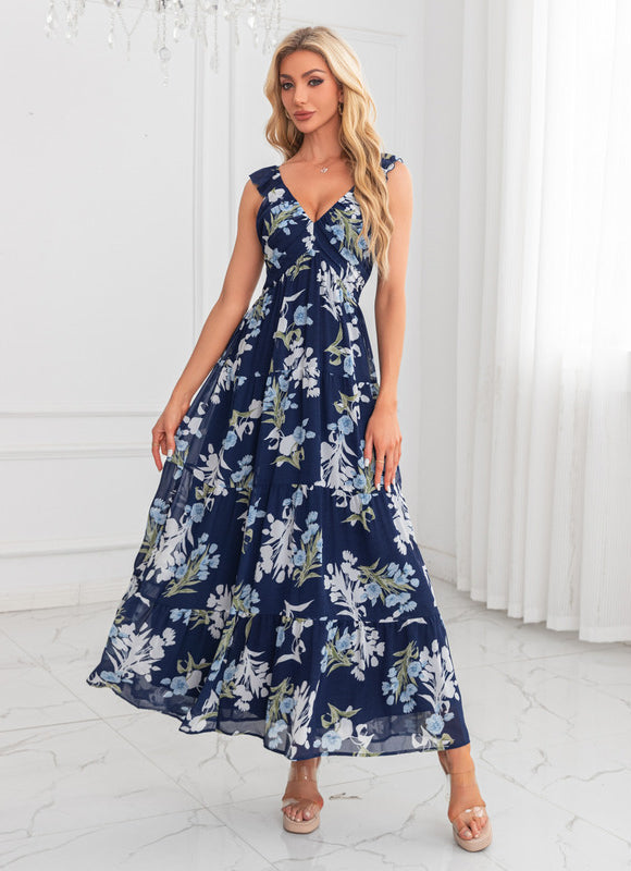 Robe Maxi Fleurie Bleu Marine Chic - gallery 5