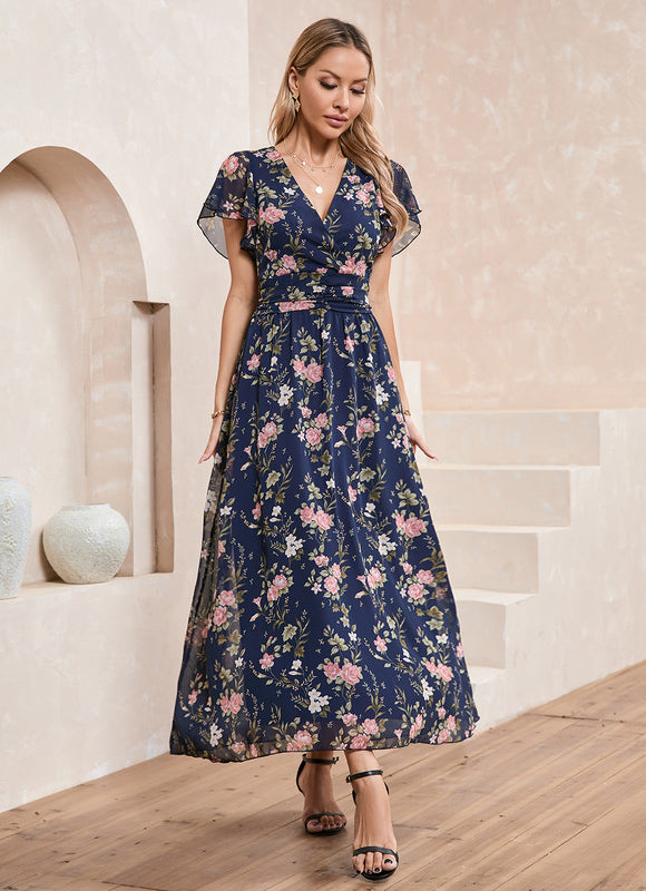 Robe Longue Fleurie Bleu Marine