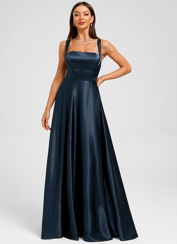Robe Longue Satin Bleu Marine - gallery 4