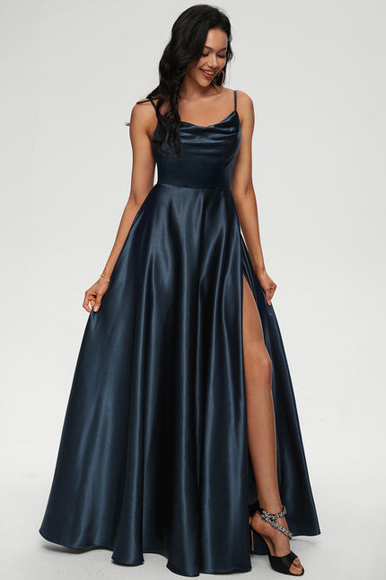 Robe Satinée Élégante Fendue Nuit - gallery 2