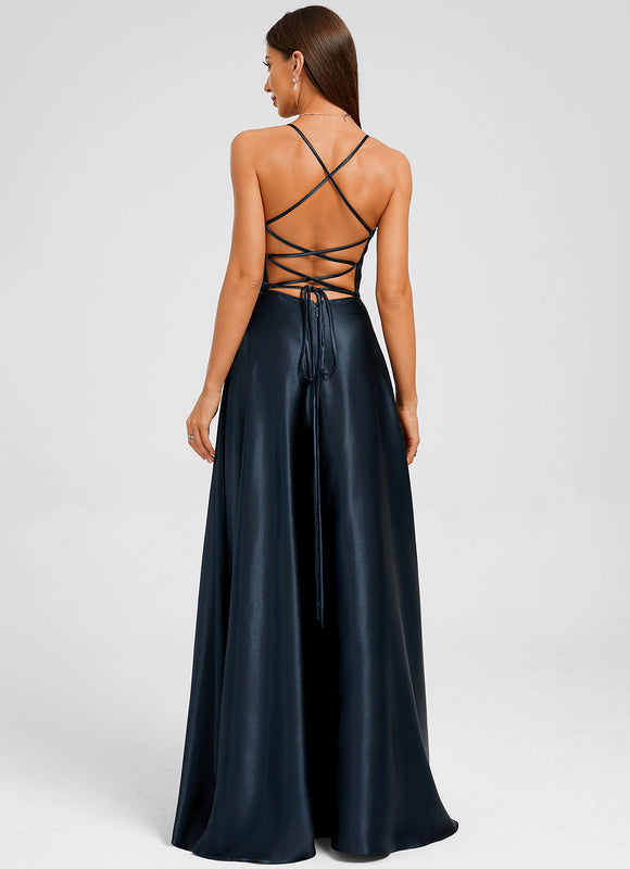 Robe Longue Satinée Élégante Bleu Marine - gallery 3
