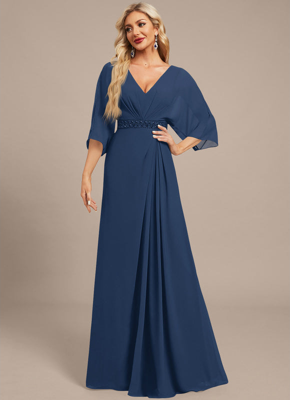 Robe Longue Mousseline Élégante Bleu Marine