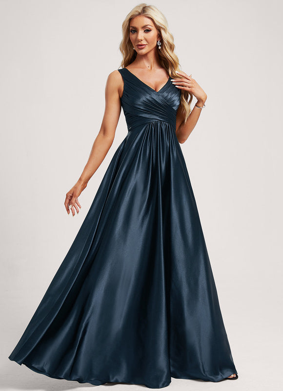 Robe Satinée Élégante Col V Longue