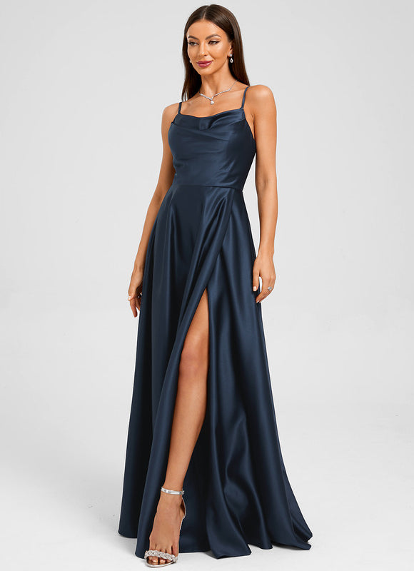 Robe Longue Bleu Marine Fendue - gallery 5