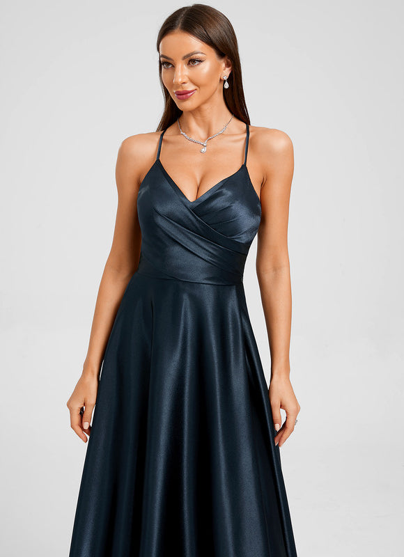 Robe Longue Satinée Élégante Bleu Marine - gallery 1