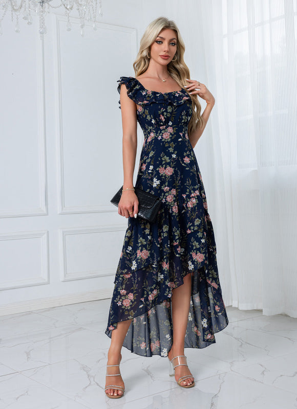Robe Longue Fendue Floral Bleu Marine