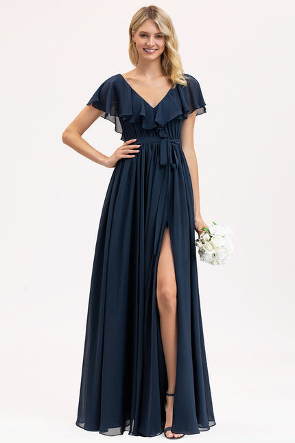 Robe Mousseline Élégante Col V Fendue