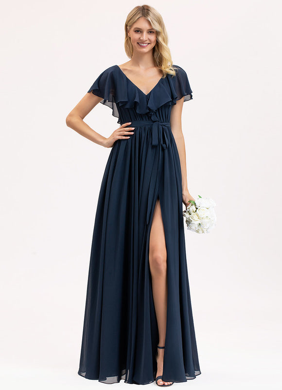 Robe Mousseline Élégante Col V Fendue