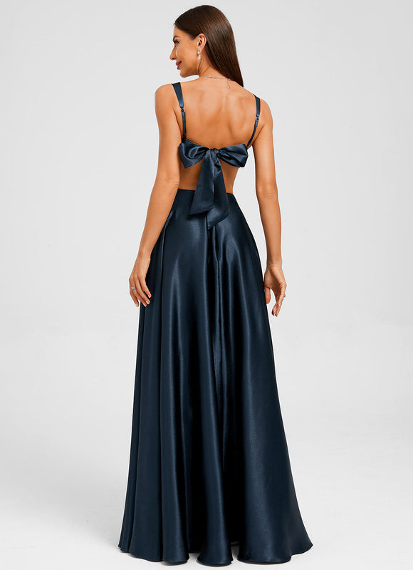Robe Longue Satin Bleu Marine - gallery 1