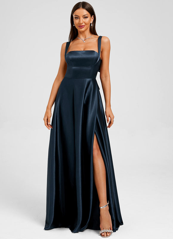 Robe Longue Satin Bleu Marine