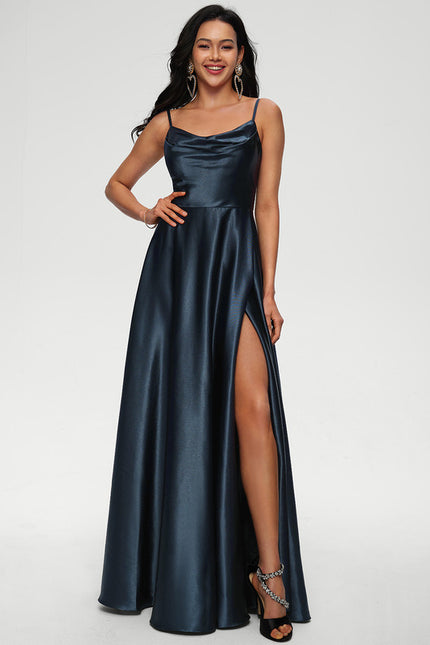 Robe Satinée Élégante Fendue Nuit - gallery 1