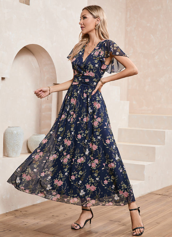 Robe Longue Fleurie Bleu Marine - gallery 4
