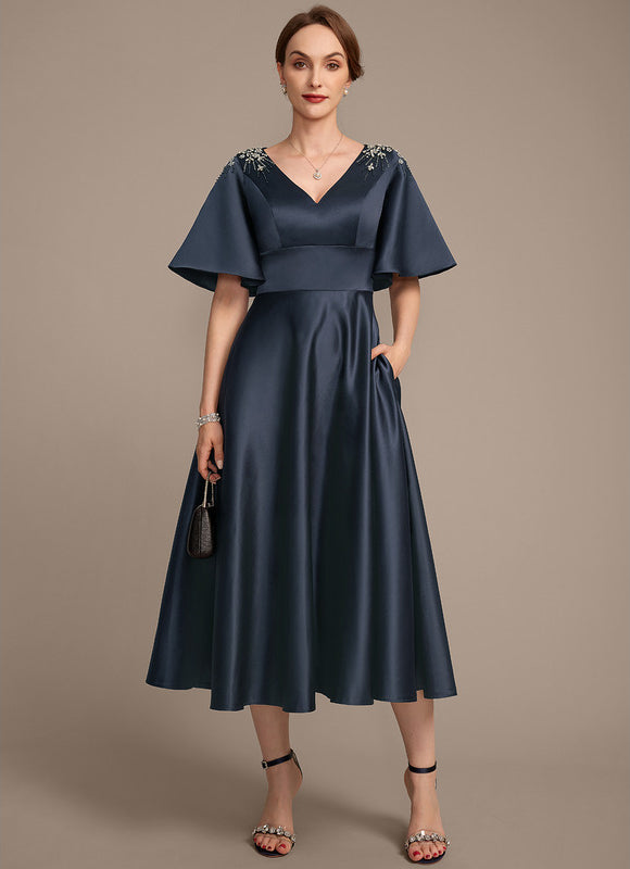 Robe Satinée Élégante Col V Poches
