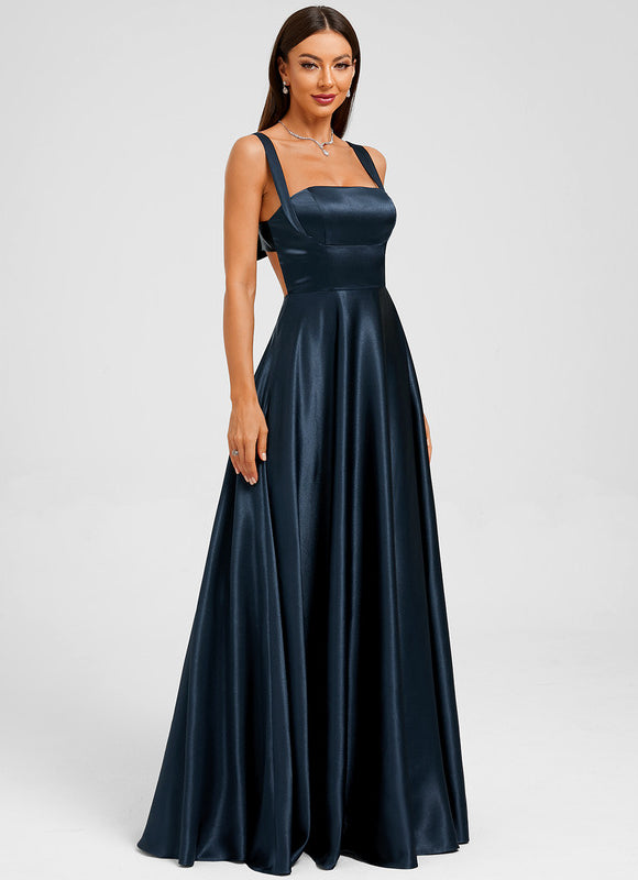 Robe Longue Satin Bleu Marine - gallery 3