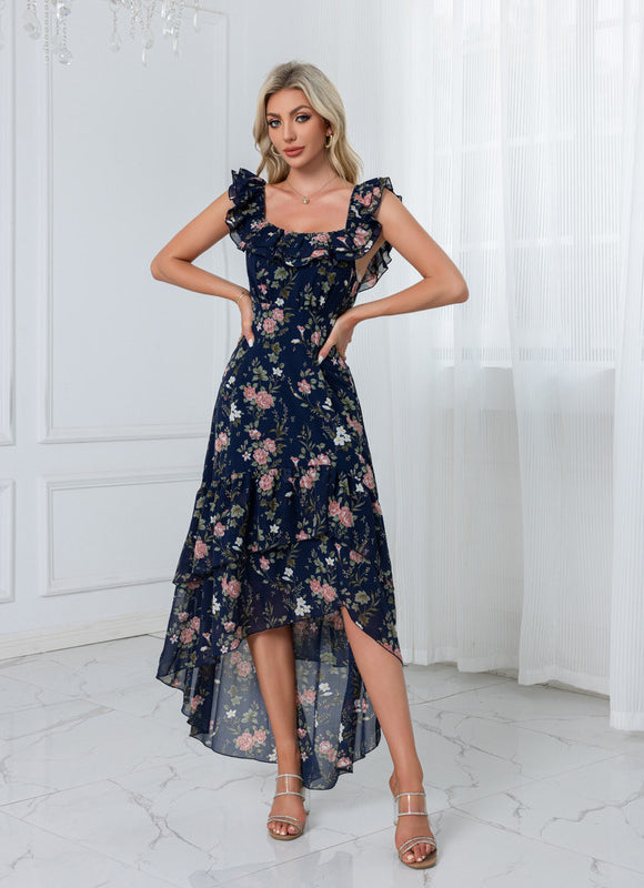 Robe Longue Fendue Floral Bleu Marine - gallery 2