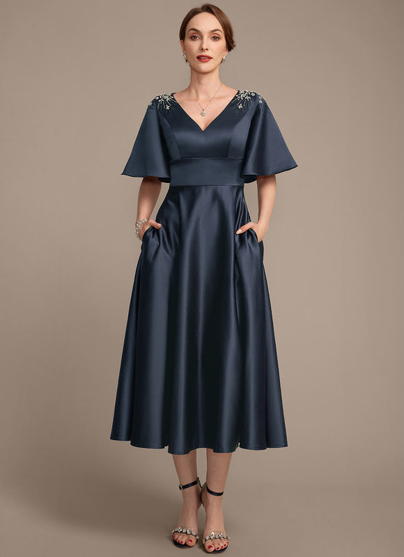Robe Satinée Élégante Col V Poches - gallery 2