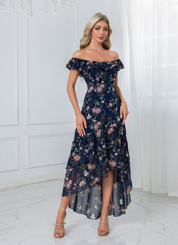 Robe Longue Fendue Floral Bleu Marine - gallery 3